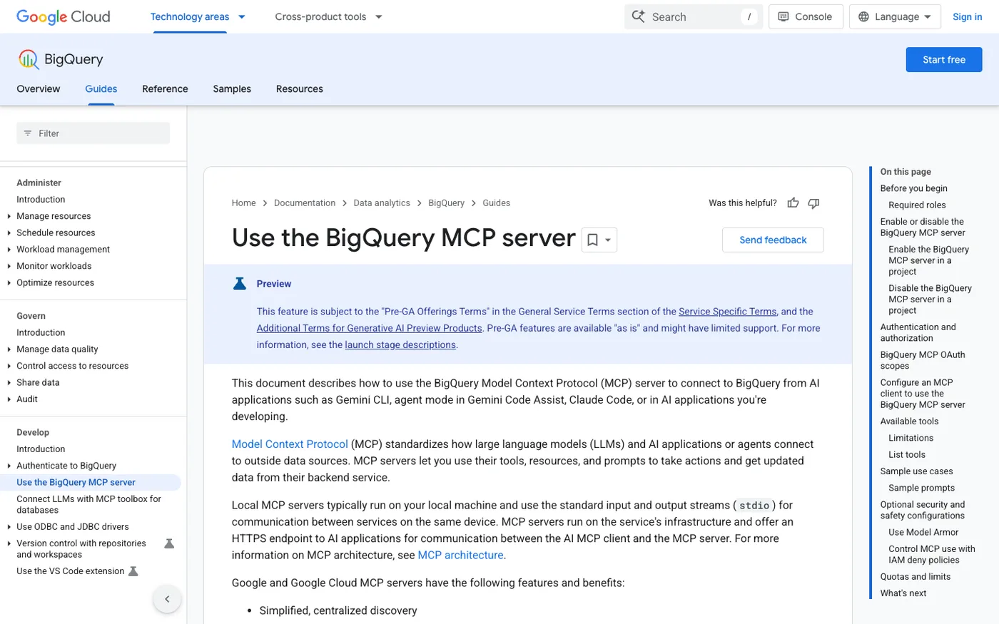Google BigQuery MCP server documentation