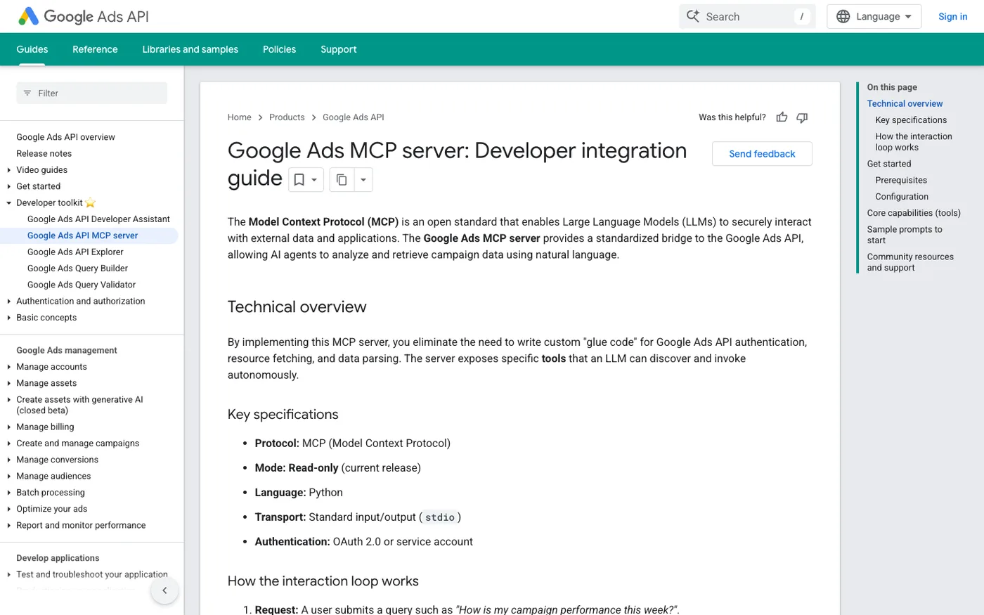 Google Ads MCP developer page