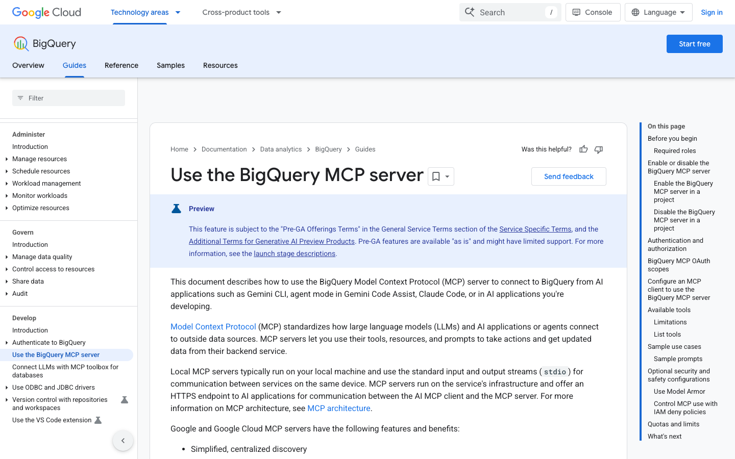 Google BigQuery MCP server documentation