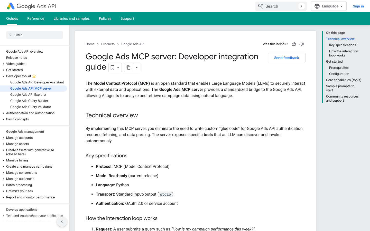 Google Ads MCP developer page